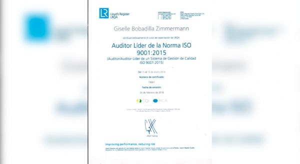 La Licda. Giselle Bobadilla, Encargada del Departamento de Planificación y Desarrollo del Departamento Aeroportuario, es certificada como Auditor Líder de la Norma ISO 9001: 2015, tras concluir la capacitación de la firma Lloyd’s Register LRQA.